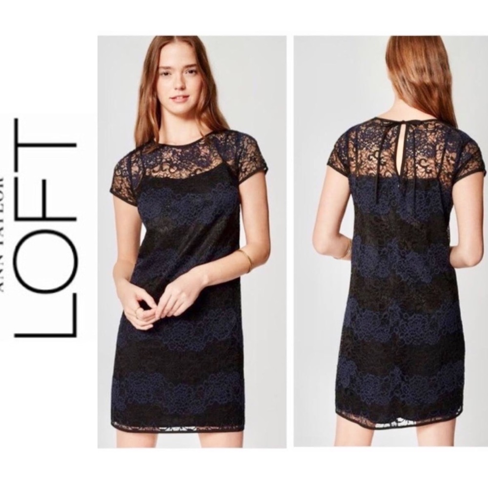 NWT $98~ANN TAYLOR LOFT~Black/Blue Striped Lace Short Sleeve Cocktail Dress~4/S